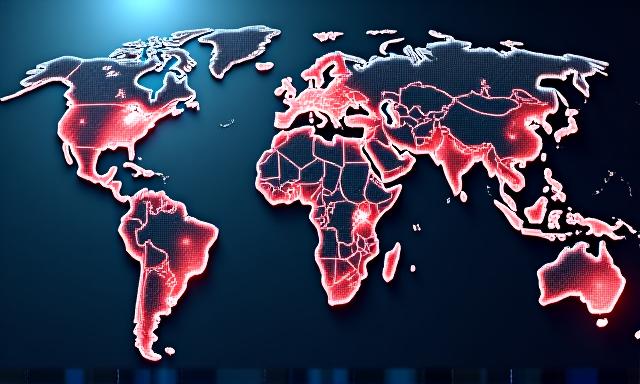 World map showing stylized points of cybersecurity threat origins and blocks